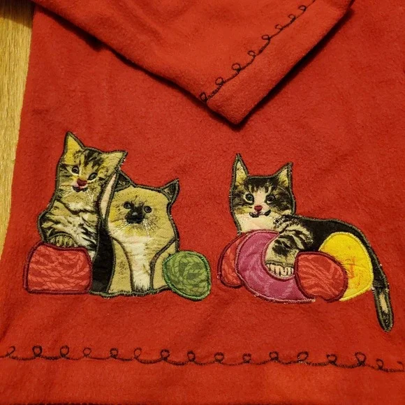 Vintage Kitty Cat Fleece Jacket Women Medium Red‎ Christmas Grandma Cat Lady - Picture 2 of 8